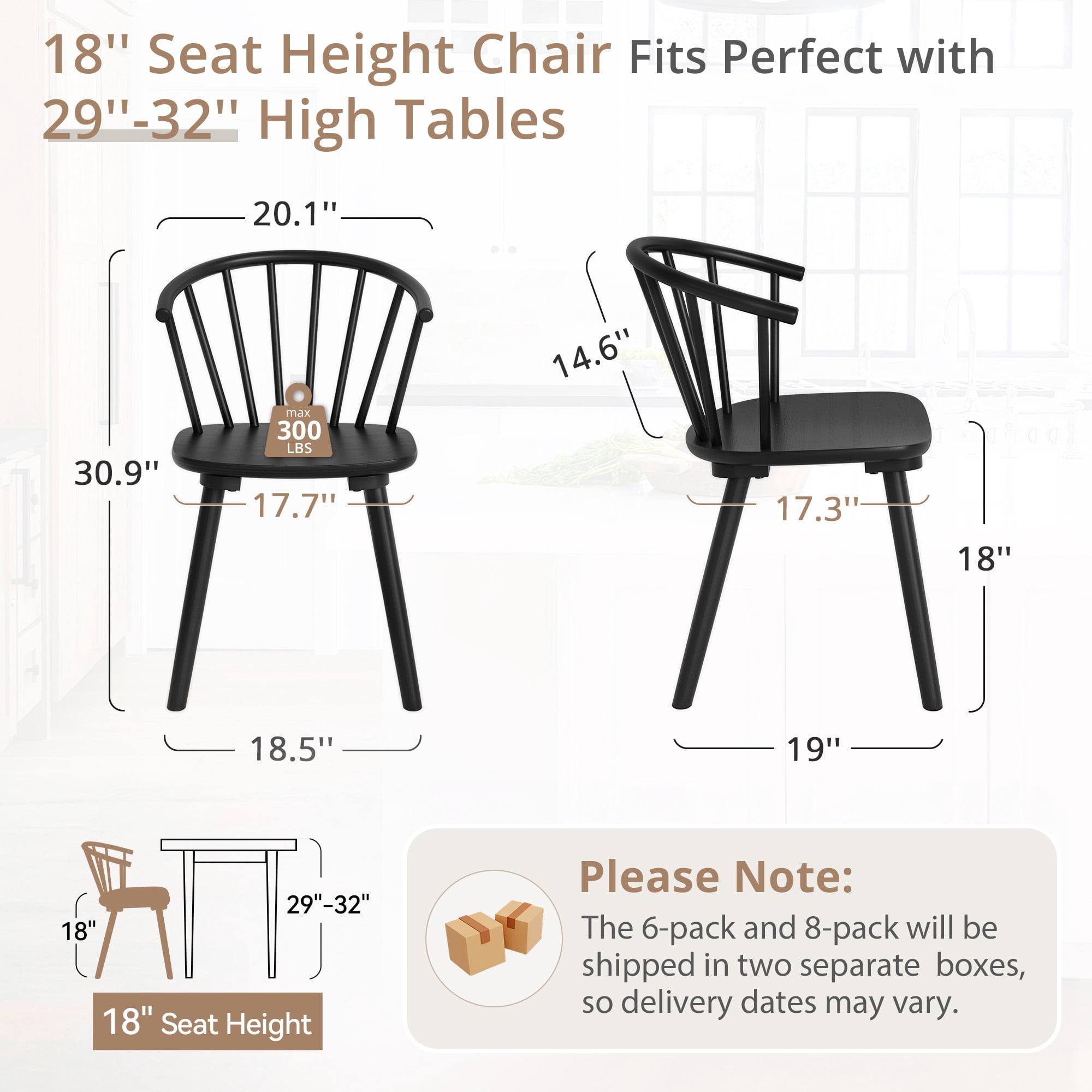 Dycanpo 18'' Farmhouse Black Dining Chairs Set of 4, Wooden Kitchen and Dining Room Chairs