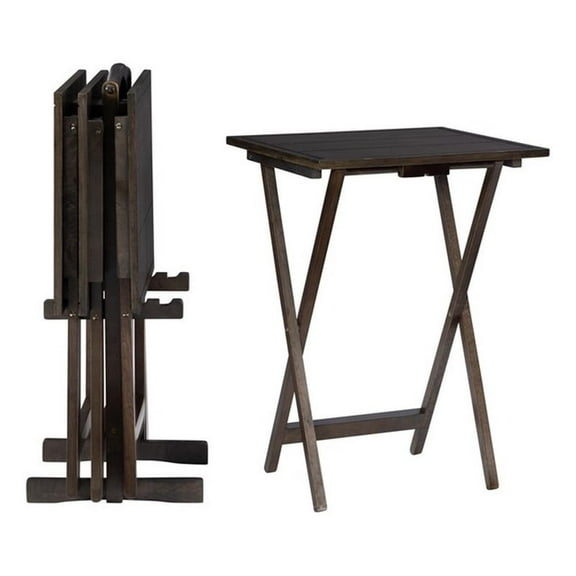 Linon Lisbon Five Piece Plank-Style Top Tray Table Set in Rustic Gray Wash Wood