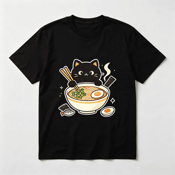 Restock Plus Size Anime Cat Ramen T-Shirt - Japanese Kawaii Cat Graphic Tee for Men - Round Neck Short Sleeve Casual Streetwear Top - Spring Fashion - Shortsleeve