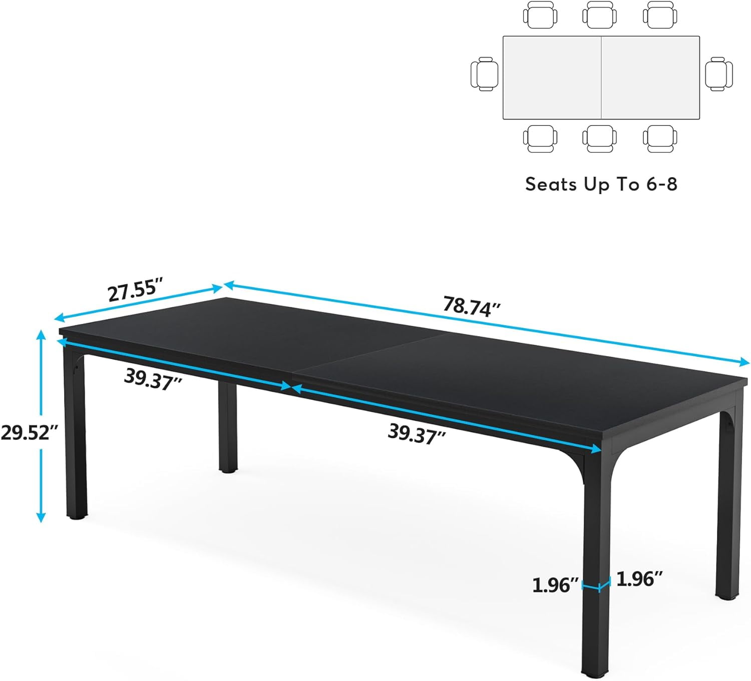 Aukfa 78" Large Dining Table for 6–8, Modern Farmhouse Rectangular Kitchen Table with Metal Legs & Scratch-Resistant for Family Gatherings,Black