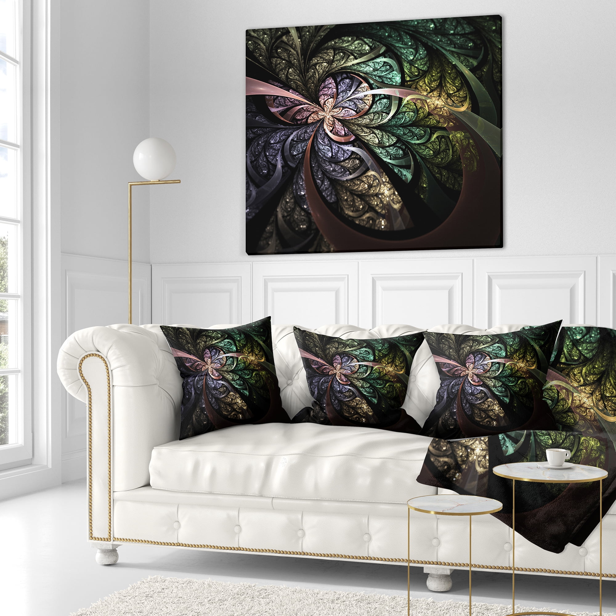 Designart Brown Blue Fractal Flower Digital Art - Floral Throw Pillow - 16x16