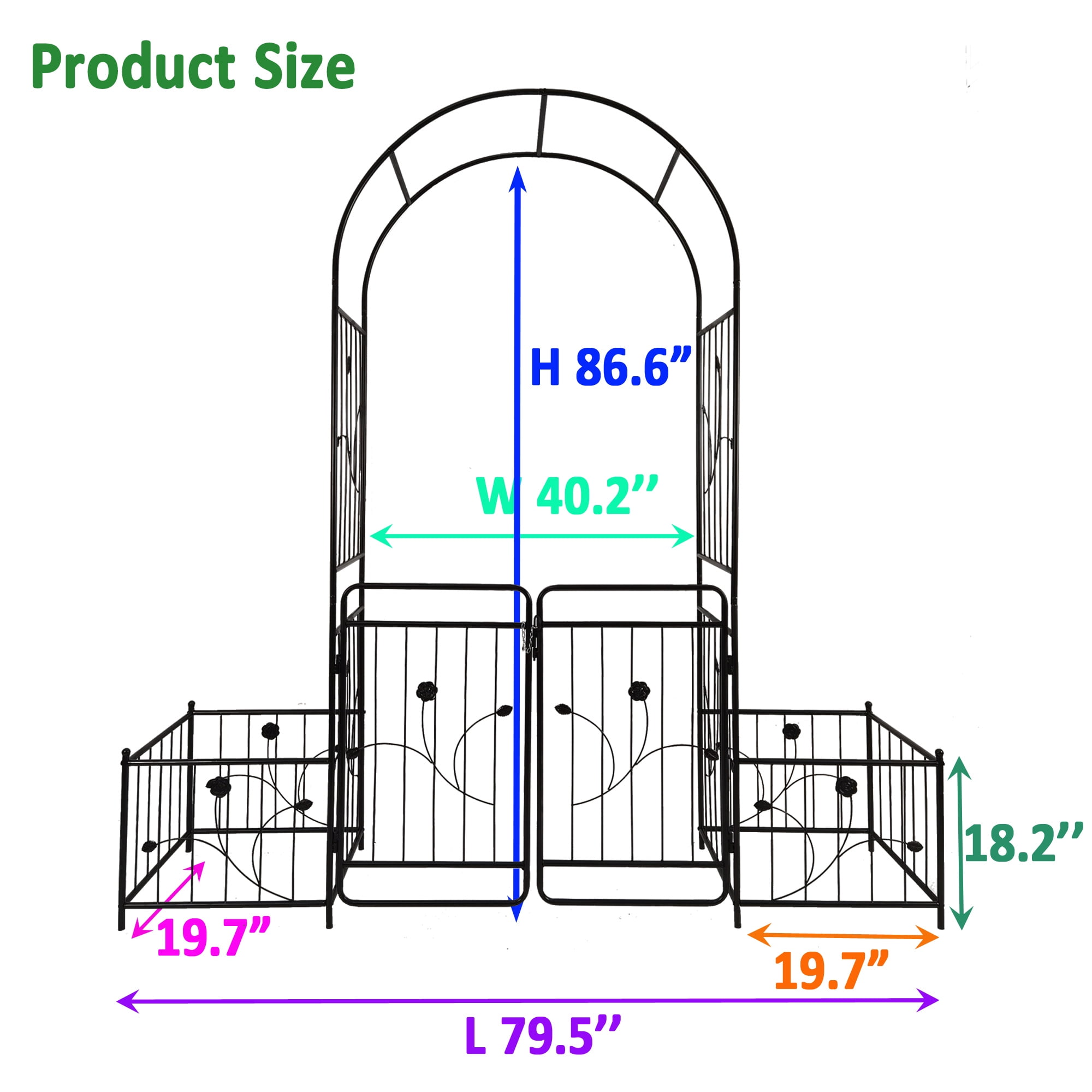 Miniyam Metal Garden Arch with Double Doors and 2 Side Planter Baskets, 79.5" W x 86.6", Black