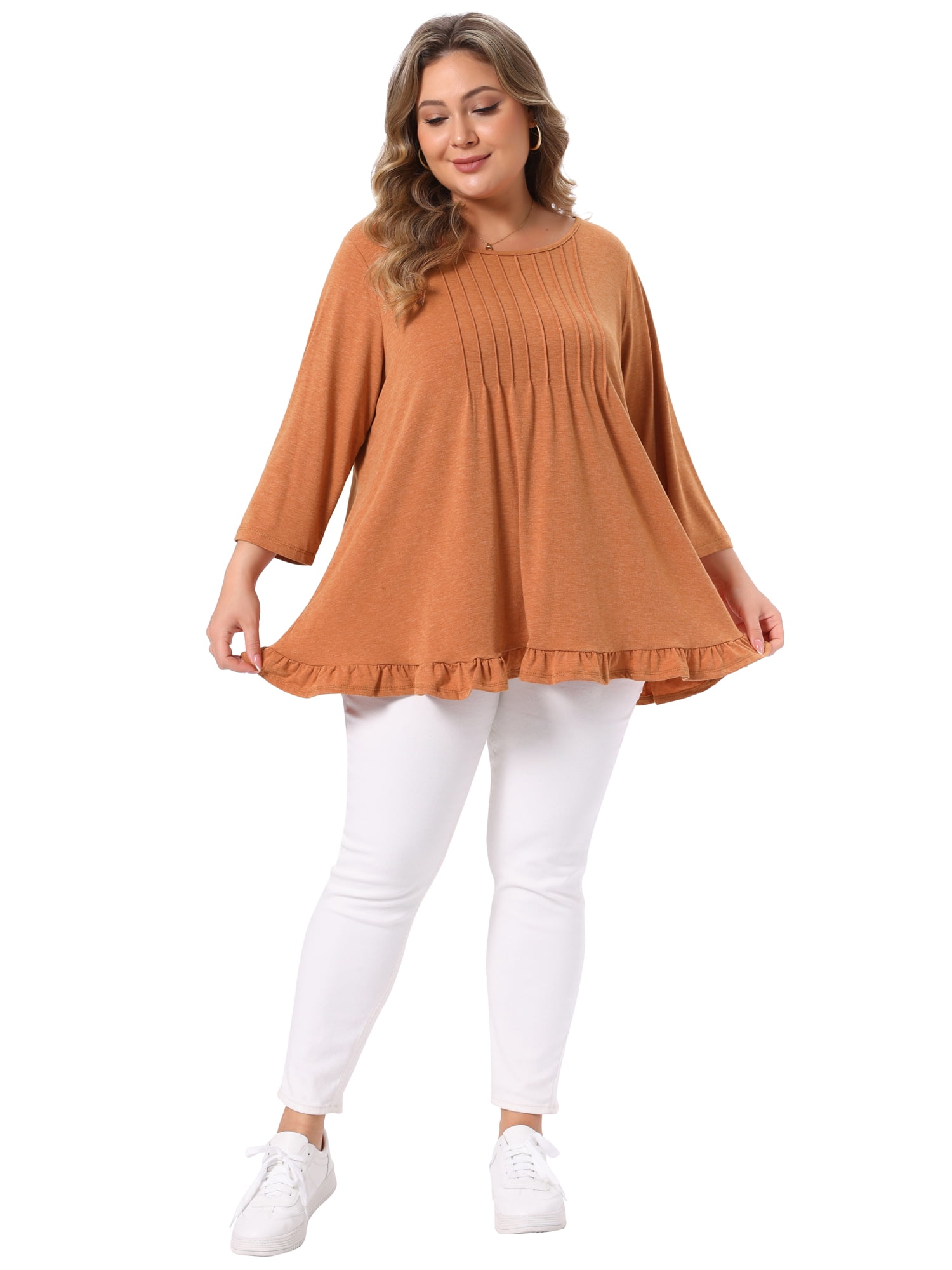 DARING DIVA Women's Plus Pleated Crew Neck 3/4 Sleeve Blouses 1X Caramel