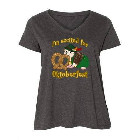 

Inktastic I m Excited for Oktoberfest with Cute Hedgehog Women s Plus Size V-Neck