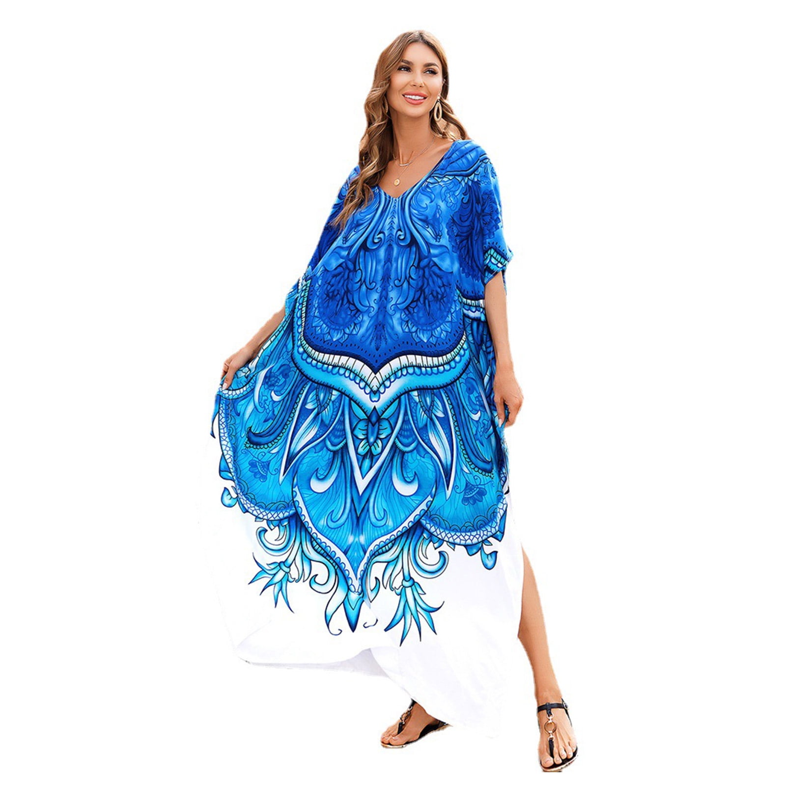 Women Beach Cover Up Long Robe Batwing Sleeve VNeck Turkish Kaftan Gradient Blue White Floral