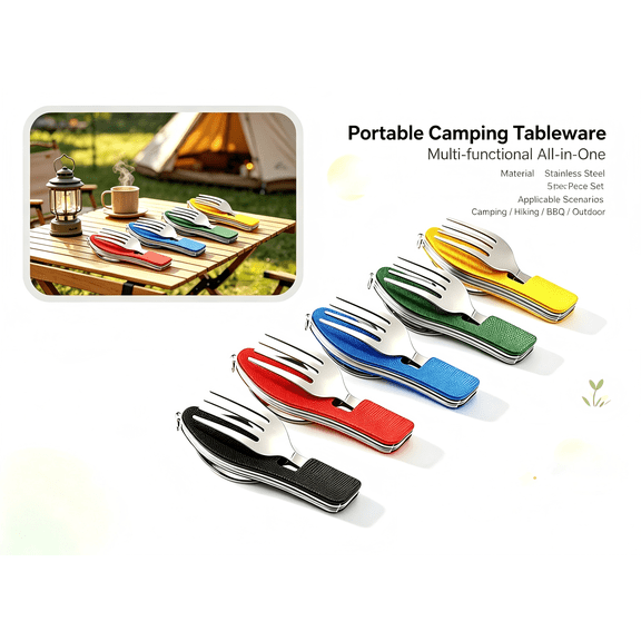 4-in-1 Camping Utensil Set 5 Pack, Stainless Steel Detachable Fork Spoon Knife Bottle Opener, Portable Silverware for Outdoor Travel