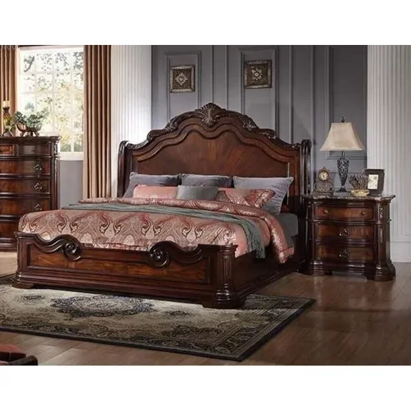 Traditional 3 Pc Queen Size Bedroom Set, Solid Wood Bed Frame & 2 Nightstand, Walnut Finish