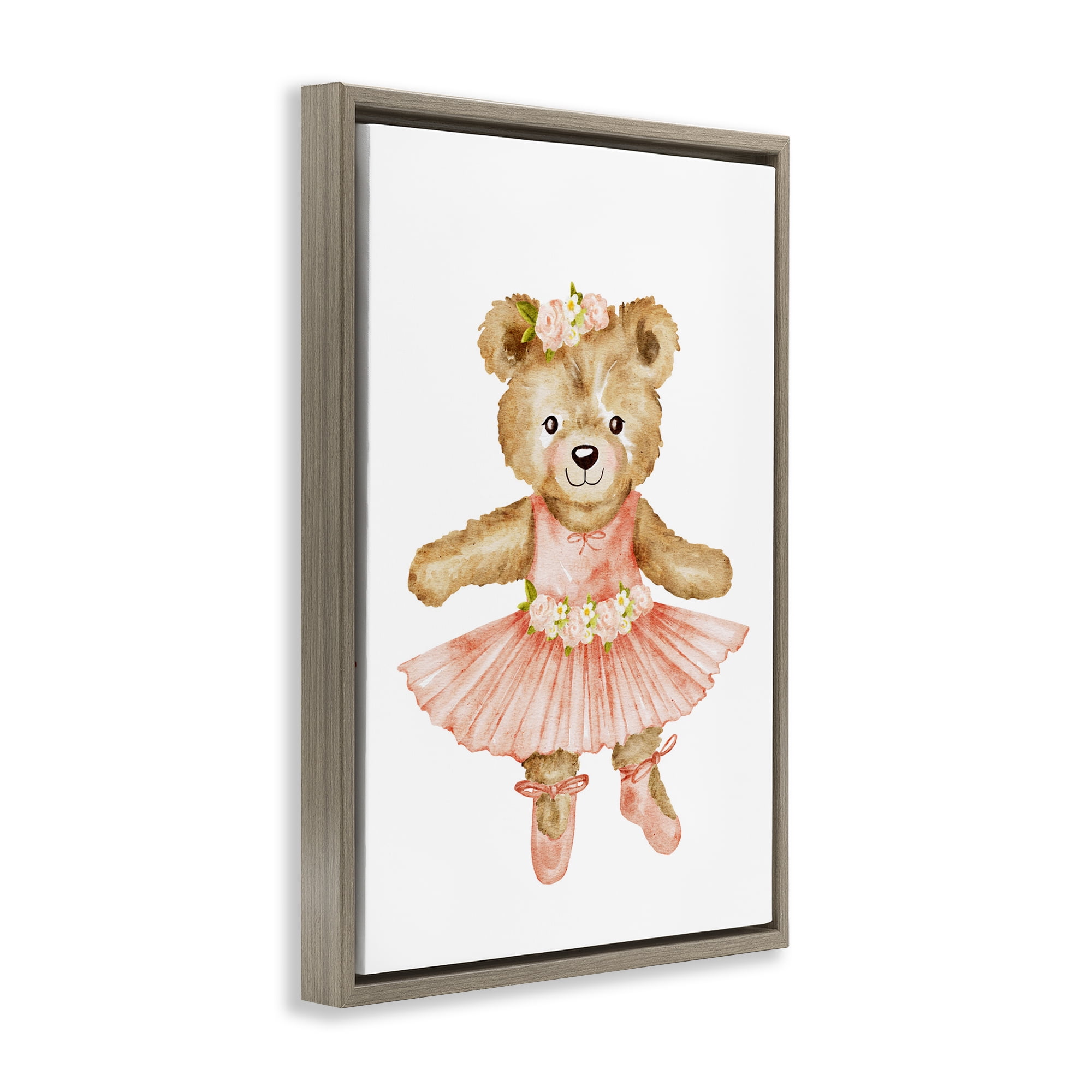 Floral Ballerina Teddy Bear Brown Framed Floater Canvas Wall Art, design by Amy Hall