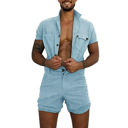 

BSDHBS Sets for Men Men s Home Pocket Fashion Pure-Colour Large Size Clothes Button Jumpsuit Blue Size XL