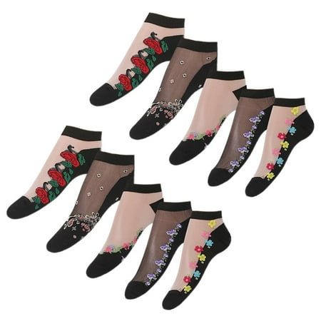 

5 Pairs Summer Female Thin Anti-Hook Silk Breathable Ankle Socks Short Embroidered Cotton Stockings (Black Random Pattern)