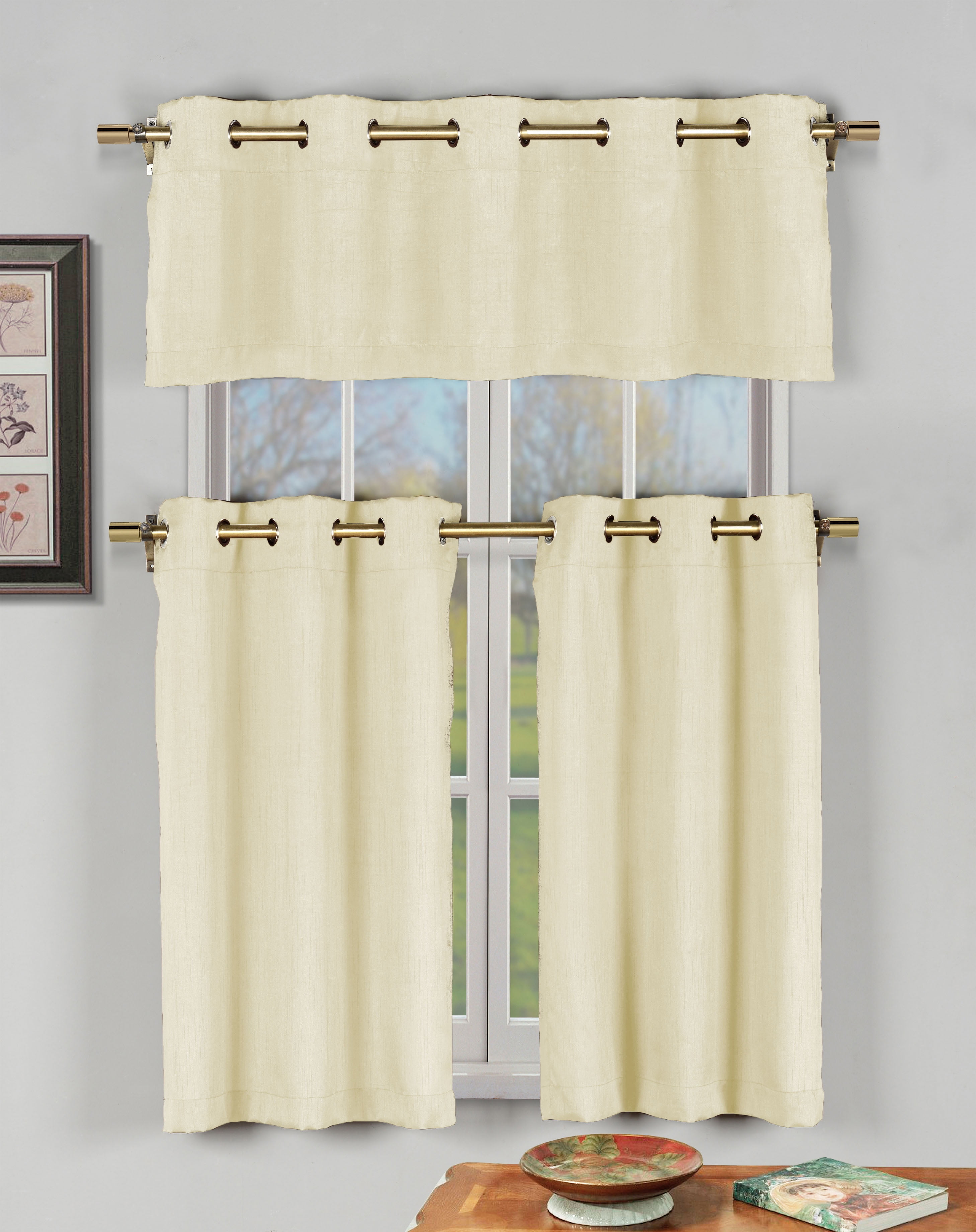 Champagne Beige 3 Pc Kitchen Window Curtain Set with Silver Metal