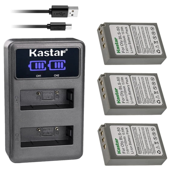 Kastar 3-Pack BLS-50 Battery and LED2 USB Charger Compatible with Olympus BLS-50, PS-BLS50, BLS-5, PS-BLS5 Battery, Olympus BCS-5 Charger