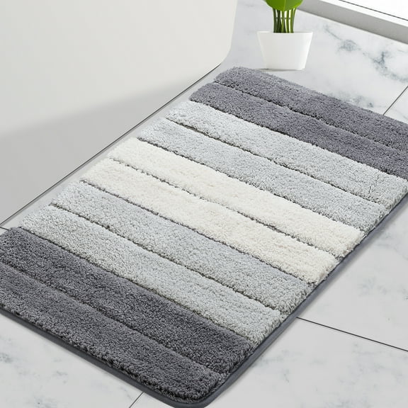 REGALWOVEN Microfiber Striped Bathroom Rugs, Shaggy Soft Thick and Absorbent Bath Mat Light Gray 20"x31"
