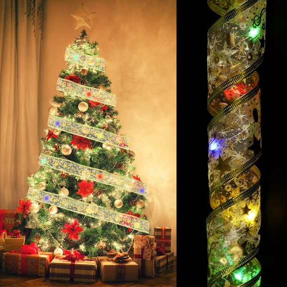 Christmas Tree Ribbon Light, 9.84Ft 30 LEDs Ribbon Bows Lights, Battery Powered Christmas Tree Decorations String Light for Party Weddings Christmas Tree (Gold, Multicolor Light)