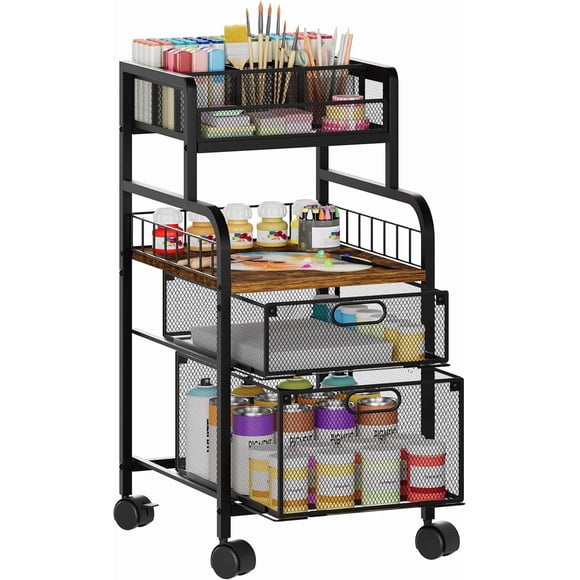 Rolling Cart with Drawers - Metal Utility Cart with Wood Shelf, DIY Divider and Locking Wheels, Craft & Art Cart Organizer for Under Storage Cart for Home Office Studio, Espresso