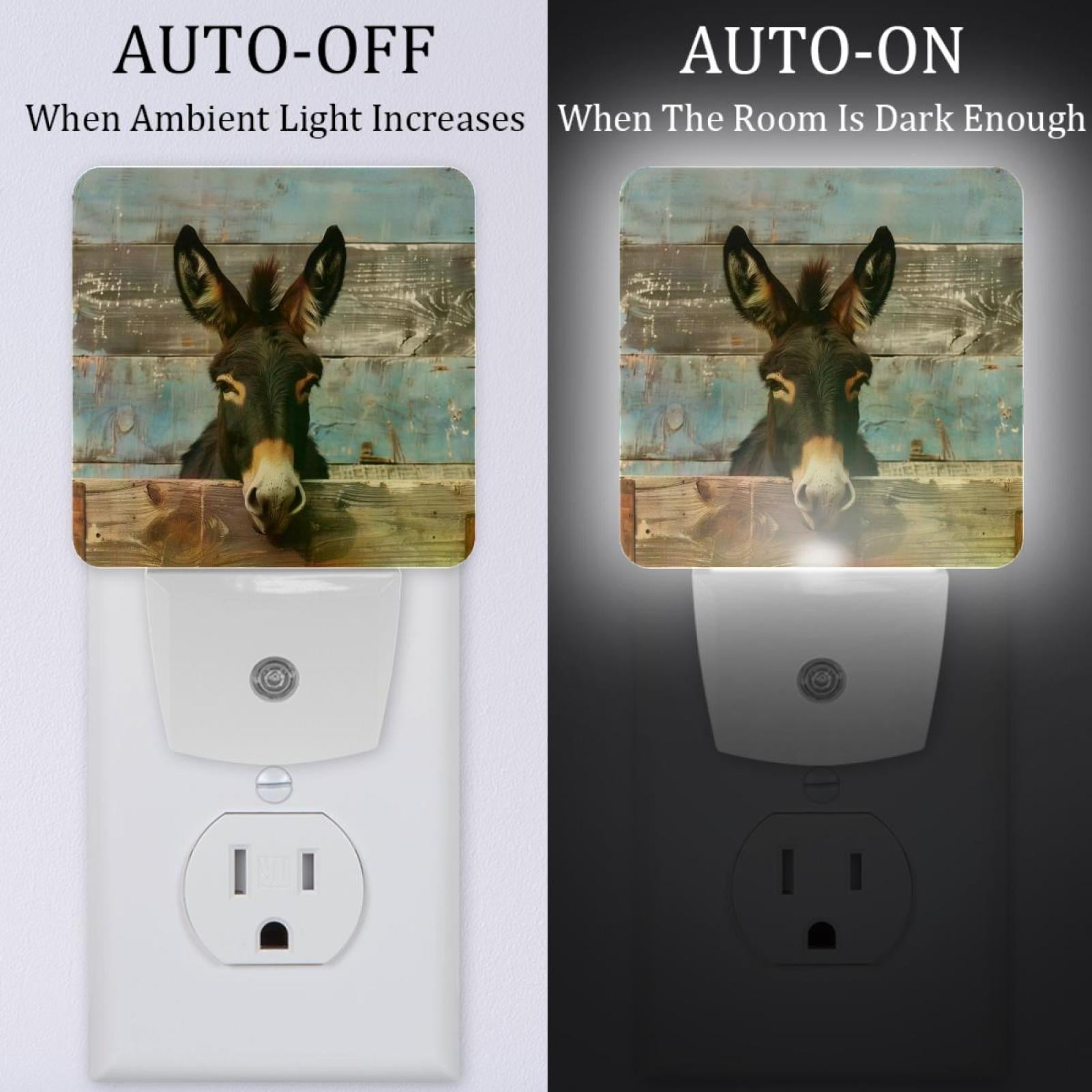PhooArto Funny Donkey on Rustic Wooden Plug in LED Night Light Auto Sensor Dusk to Dawn Decorative Night for Bedroom, Bathroom, Kitchen, Hallway, Stairs, Baby's Room, Energy Saving