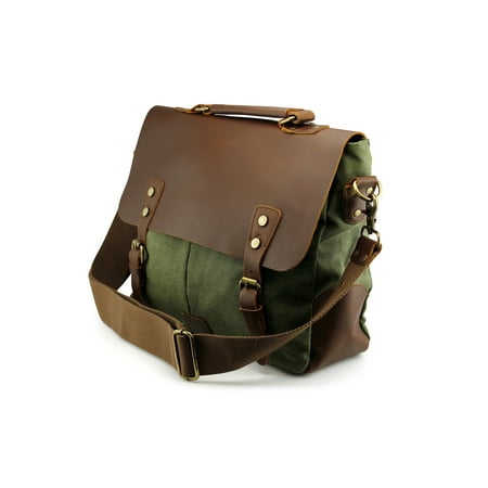 Men's Vintage Canvas Leather Satchel School Military Messenger Shoulder Bag Travel Bag - Khaki