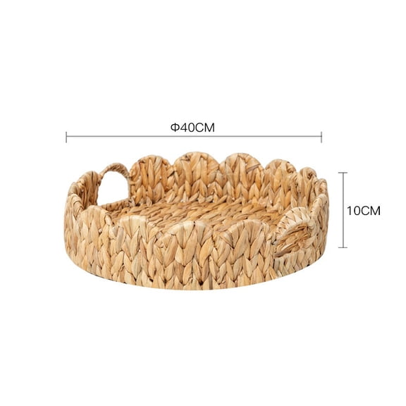 Vruelia Scalloped Edge Round Tray, Serving Tray with Built-in Handles, Decoratve for Coffee Table, Rattan