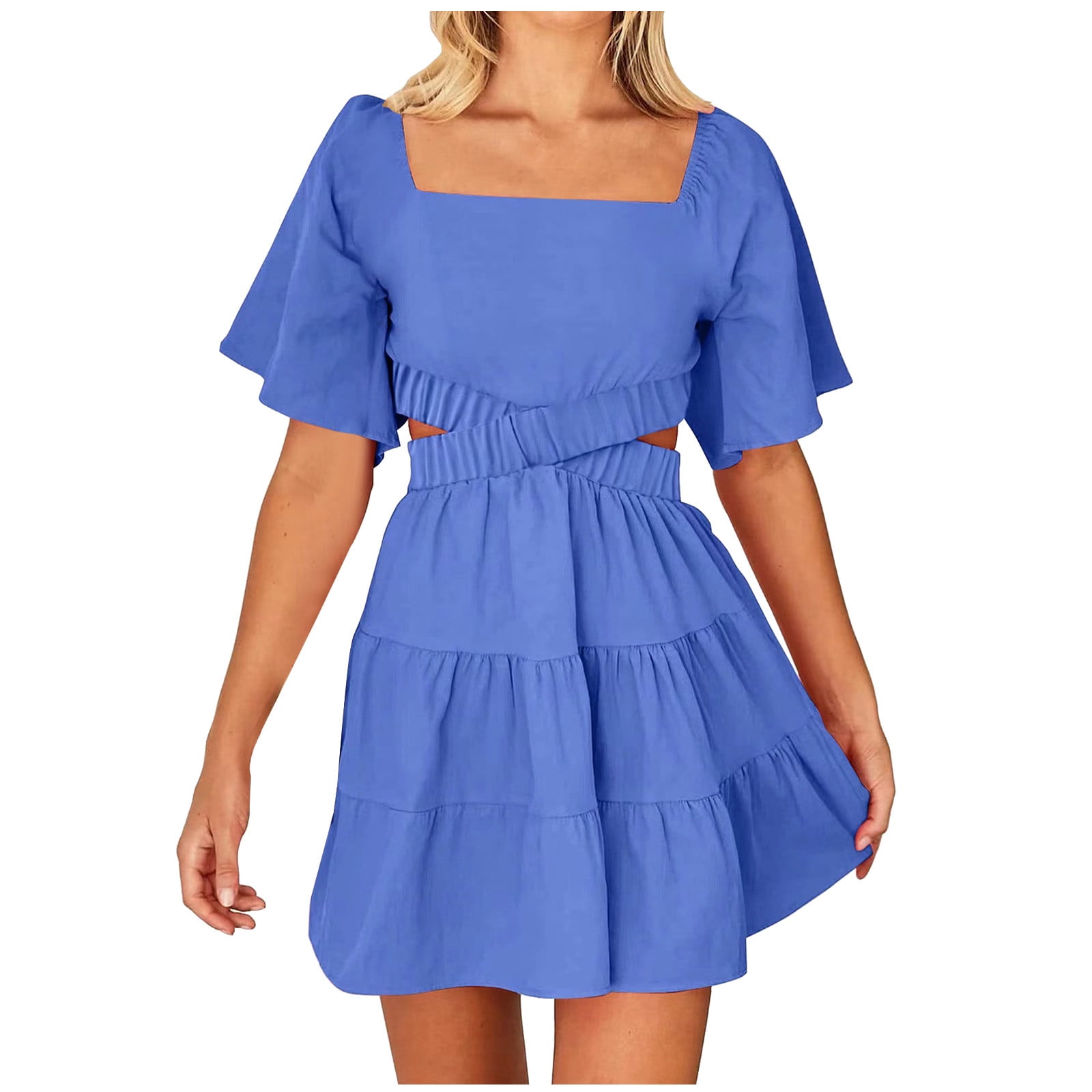 Yuyuzo Robes d'Été pour Femmes 2025 Col Carré Manches Courtes Décontractées Taille Élastique Découpée à Volants Robe Mini à Étages