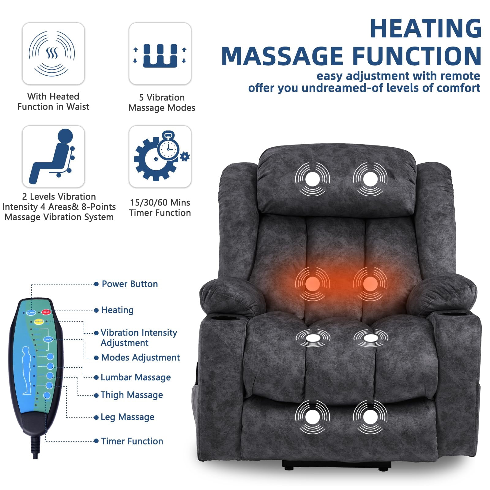 SOCIALCOMFY Large Electric Power Lift Recliner Chair with Extended Footrest for Elderly Big Man, Overstuffed Wide Massage Lounge Chairs with Heat, 2 Cup Holders, Side Pockets & USB Ports, Fabric Gray