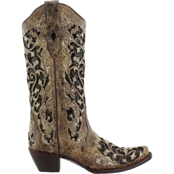 Corral Boots Womens Sequin Tooled Inlay Snip Toe Cowboy Mid Calf Dress Boo