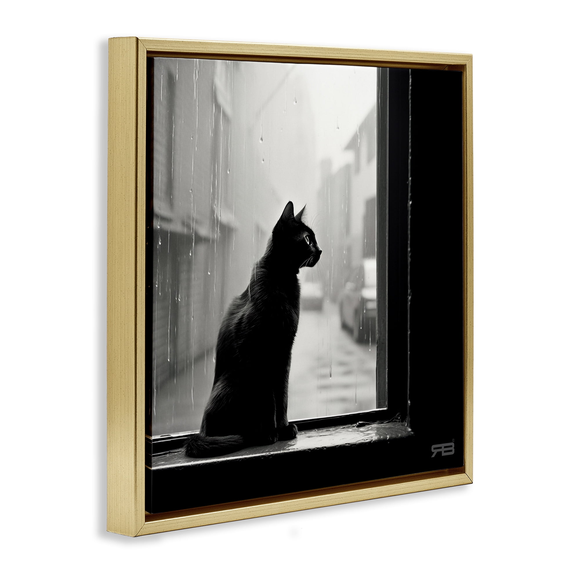 Stupell Industries Cat Gazing Rainy Window Animals & Insects Painting Gold Floater Framed Canvas Art Print Wall Art, 18 x 18