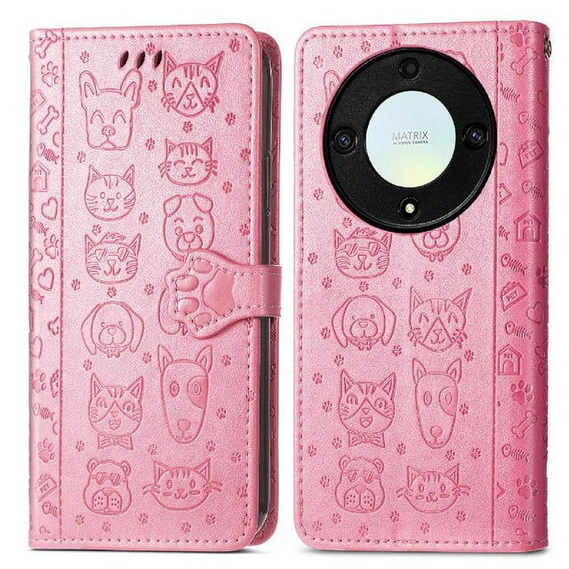Funda Cartera FOXDOCK para Honor X9A , Flip PU con Relieve de Gatos y Perros, Tarjetero y Soporte