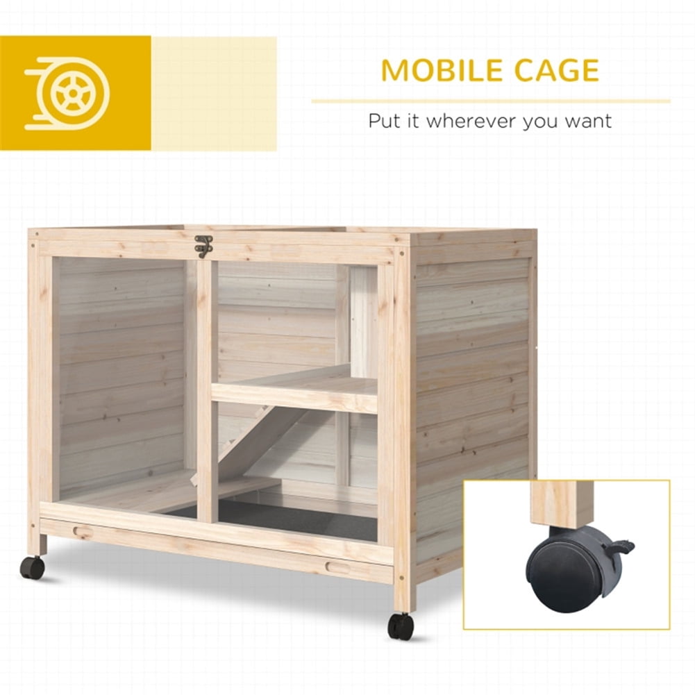 Kepooman 2 Tier Solid Wooden Rabbit Cage with 2 Transparent Rooms for Real Time Observation of Pet Status, Indoor Outdoor Rabbit Cage Guinea Pig Cage Small Animal Pet House, Natural