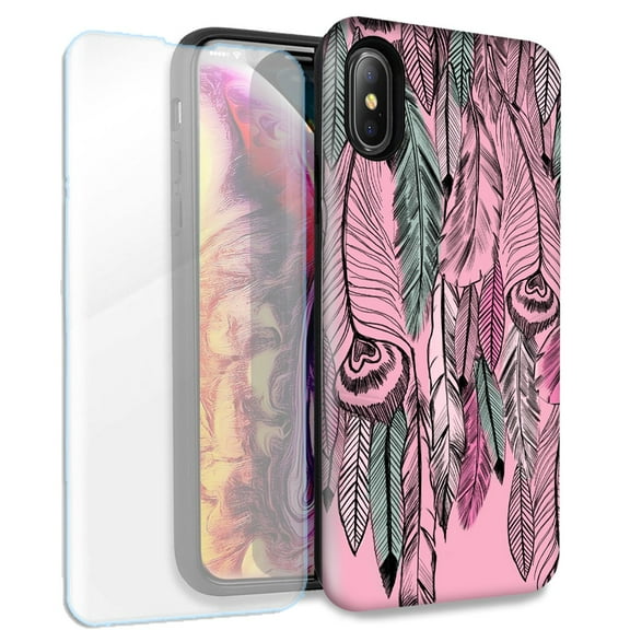 Mundaze Wild Feathers Double Layer Case w/Glass Screen Protector For Apple iPhone XS Max
