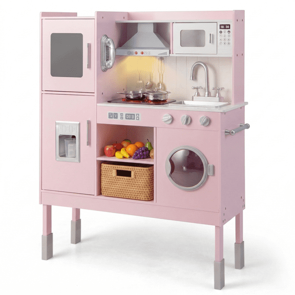 OLAKIDS Kids Kitchen Playset, Toddler Wooden Pretend Cooking Set with Realistic Light Sound, Stove Removable Sink Microwave Storage Cabinet, Simulation Play Kitchen Toy for Children Boys Girls