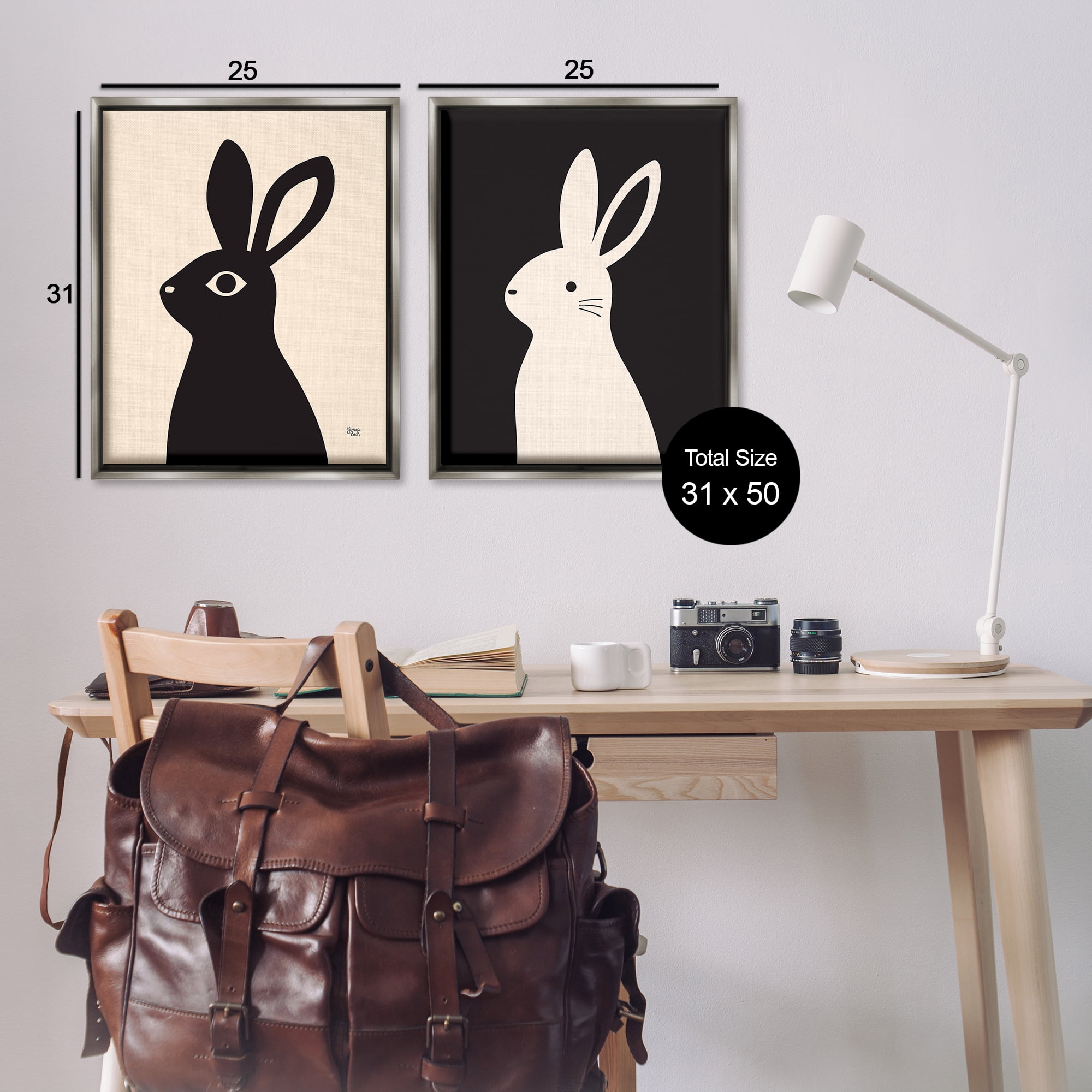 Stupell Industries Cream & Black Rabbits Animals Painting Gray Floater Framed Canvas Art Print Wall Art, 31 x 25, Set of 2