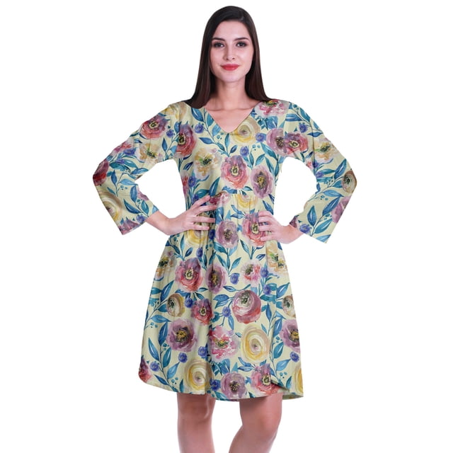 Moomaya Robe Courte Évasée Imprimée de Designer, Manches Longues, Tunique en Velours, Robes pour Femmes
