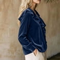 thumbnail image 4 of ClodeEU Women V Neck Ruffle Trim Long Sleeve Velvet Blouse,Casual Elegant Loose Dressy Shirt Dark Blue,Women's Plus XL, 4 of 6