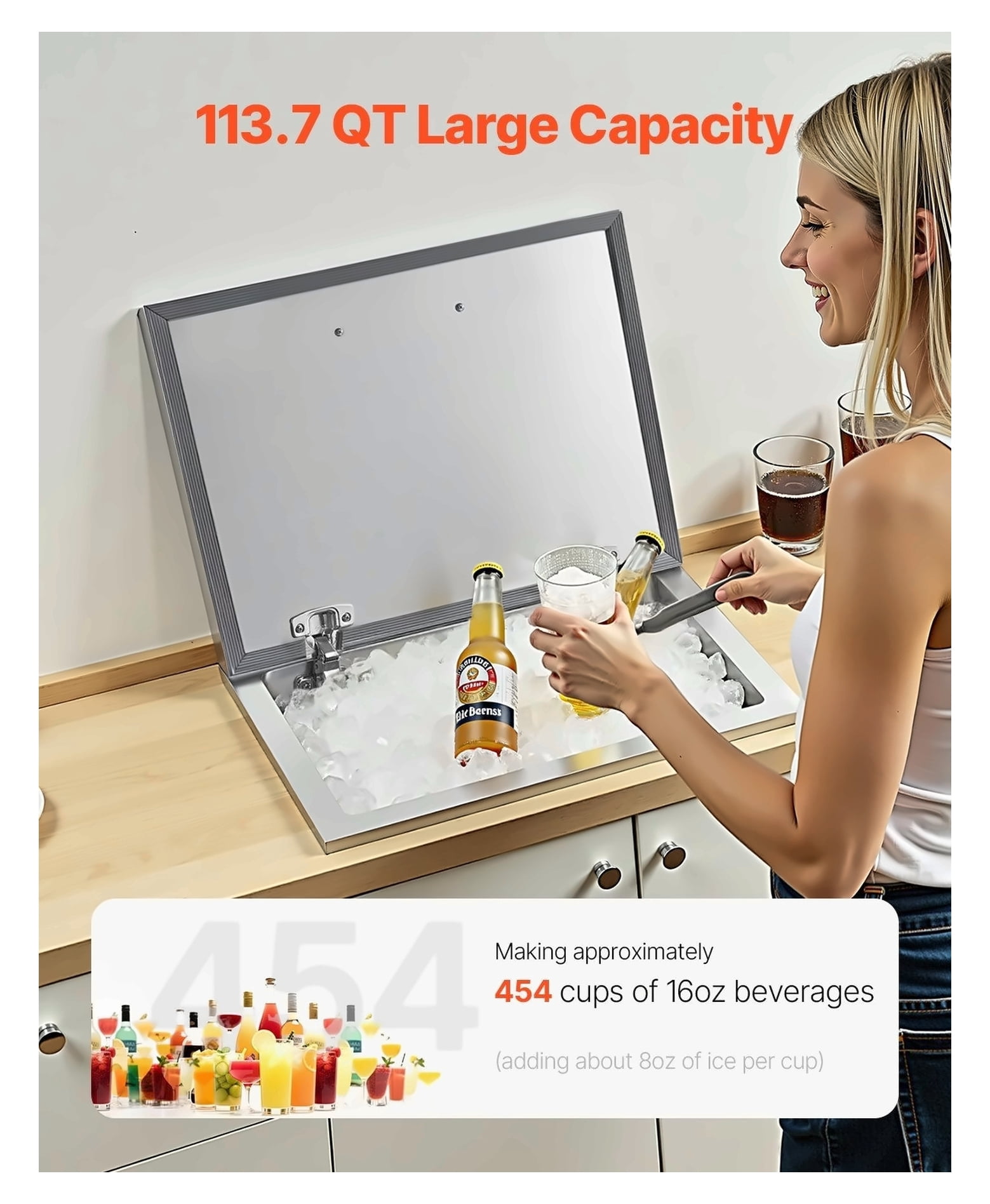 Stainless Steel Drop in Ice Chest, 113.7 Quart Commercial Cooler - Outdoor Kitchen Bar, Patio - with Drain & Flip Lid