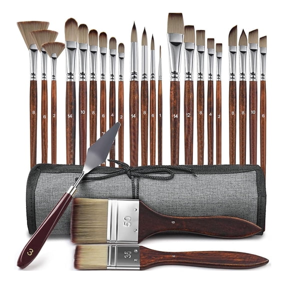 25 Pieces Paint Brush Set, Synthetic Acrylic Paint Brushes with Flat, Filbert, Fan, Dagger, Cat Tongue, Round, Angle, Rigger for Oil, Acrylic Canvas Paintings