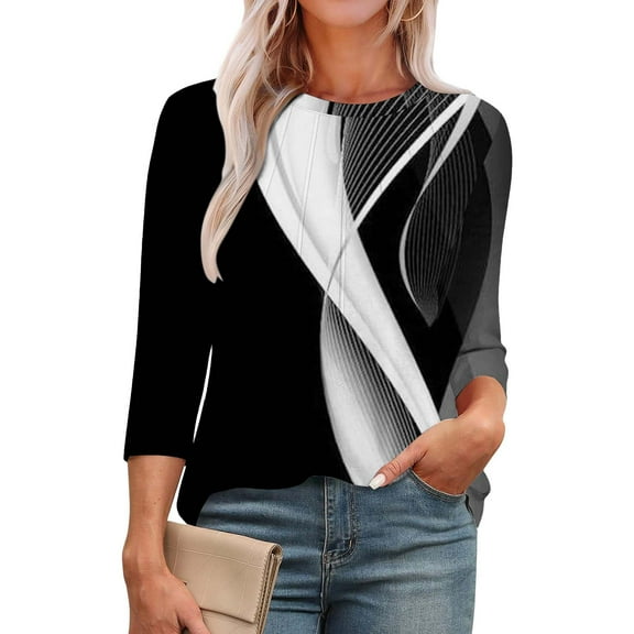 Womens Tops 3/4 Length Sleeve Womens Tops Round Neck Casual Tunic Tops Basic Pleated Shirts Loose Fit 2025 Shirts for Women