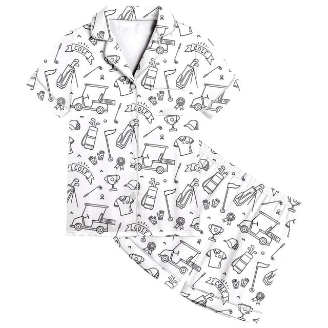 Pyjamas pour Filles Manches Courtes Imprimé Shorts Ensemble Confortable Boutons Col Rabattu Vêtements pour Adolescentes Blanc 6-7 Ans