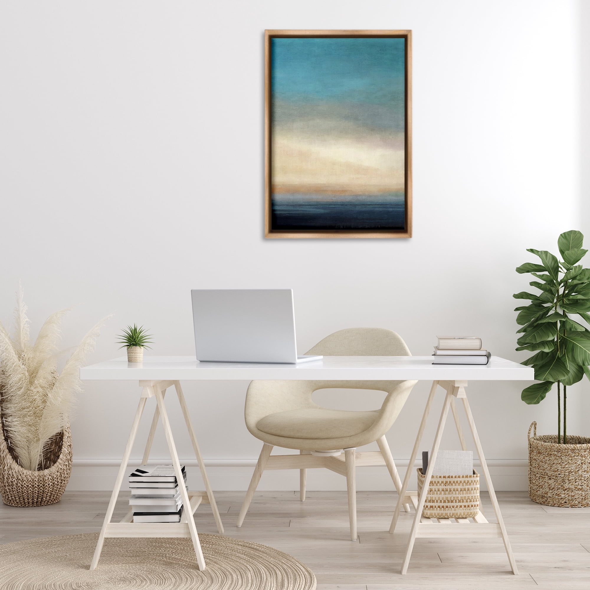 Stupell Industries Deep Blue Ocean Abstract Coastal Painting Brown Floater Framed Canvas Art Print Wall Art, 21 x 31