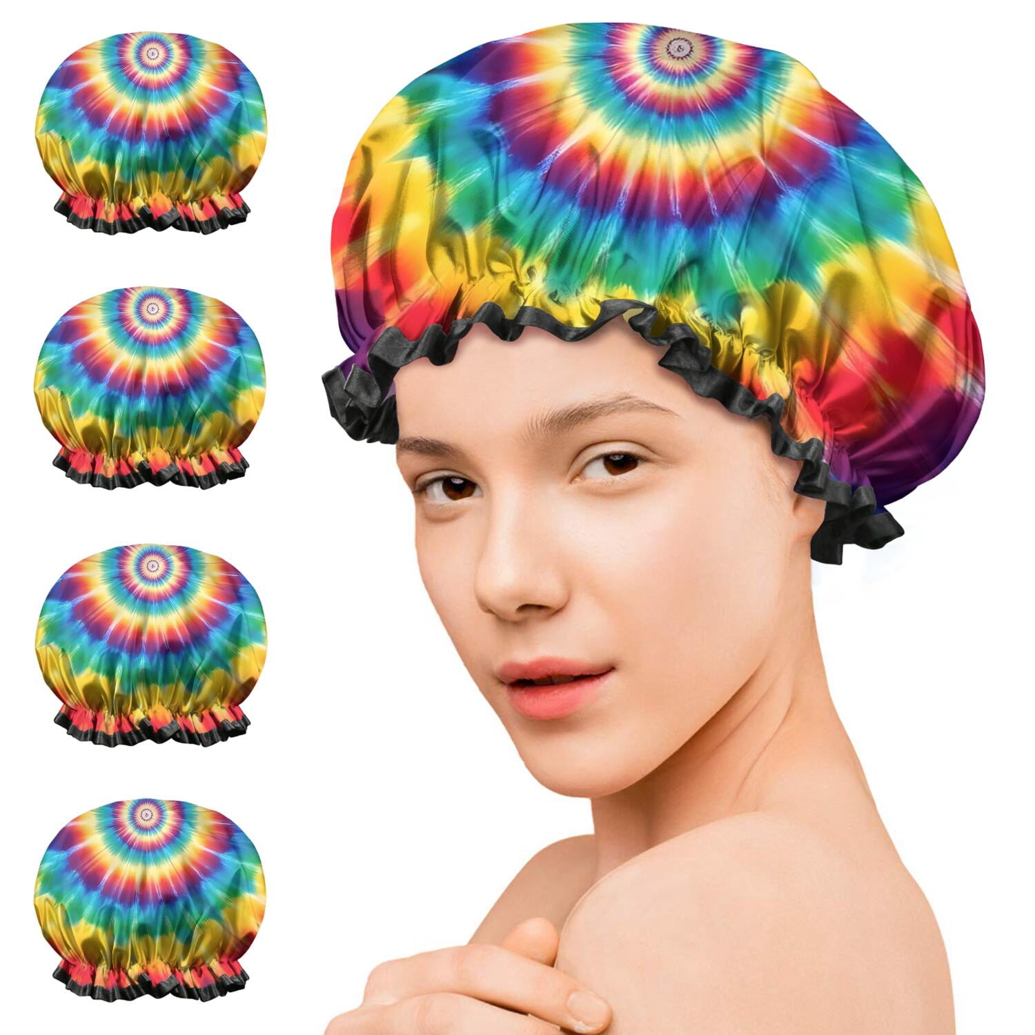 Shower Caps,Colorful Rainbow Tie Dye Spiral Pattern Waterproof Shower Cap for Women 4 Pieces,Double Reusable Hair Cover for Shower PEVA Elastic Stretch Hem