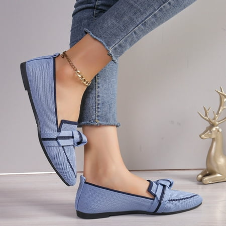 Bowknot Decor Breathable Knitted Loafers Women 2024 Autumn Soft Bottom Pointed Toe Ballet Flats Woman Slip On Solid Casual Shoes (Blue 40)