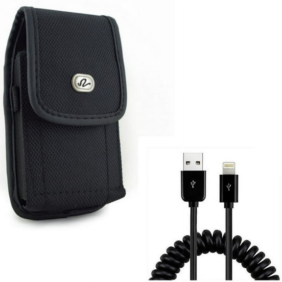USB Cable w Case Belt Clip for iPhone XS/X - Coiled Charger Cord Power Sync, Rugged Holster Canvas Cover Pouch for iPhone XS/X