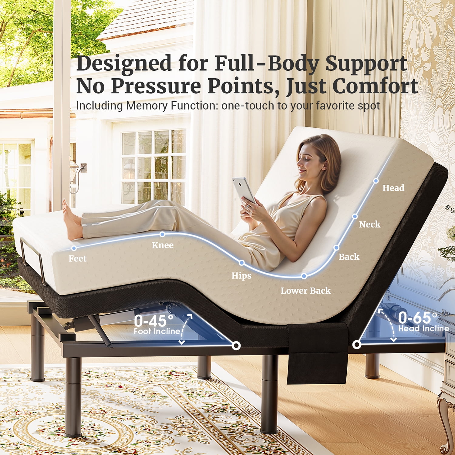 Queen Adjustable Bed Frame Base with Massage, Zero Gravity Ergonomic Electric Bed with Ultra-Quiet Motors, 4 USB Ports, Under-Bed Light, Wireless Remote, Fast Assembly, 3 Height Options