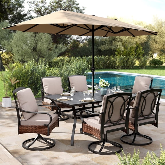 8-Piece Outdoor Patio Dining Set with 13FT Beige Umbrella, Rectangular Patio Table and Swivel Chairs with Seat & Back Cushions for 6 People