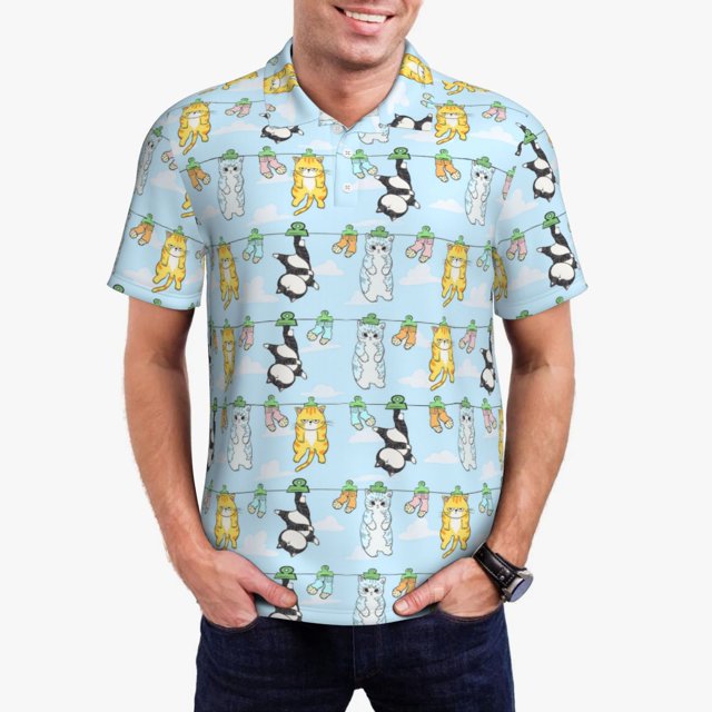 Fotbe Cartoon Cat Camiseta Polo de Golf para Hombre con Estampado – Camisa Deportiva Transpirable con Cuello Abotonado-3X-Large