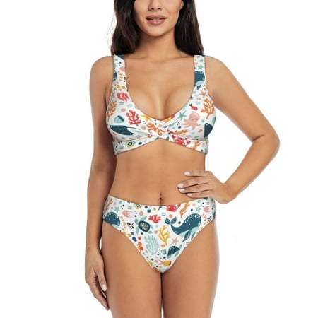 Zeuib Sea Life 1 High Waisted Tummy Control Bikini Set - Knot Front Push Up Top & Cheeky Thong Bottom  Two-Piece Swimsuit for Women-Medium