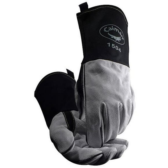 Caiman 607-1504-1 Mig & Stick Cow Split FR Cotton Duck Cuff Kontour Gloves&#44; Gray & Black