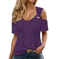 thumbnail image 2 of Cold Shoulder Shirt For Women Loose Solid Short Sleeve Tunic Tops Breathable Summer Fashion Casual Blouses Dark Purple XXL, 2 of 5