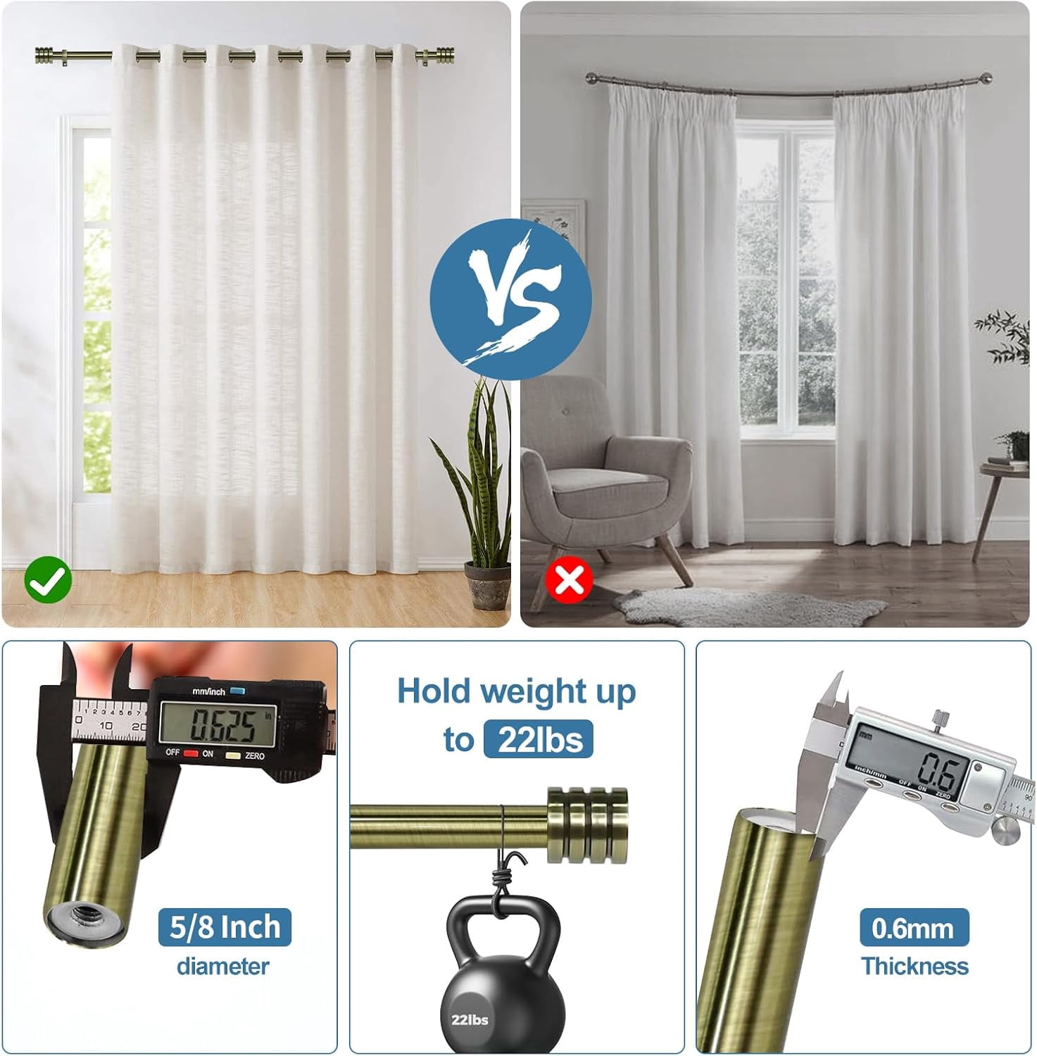 Urbanest Adjustable Single Curtain Rod Set Aspire Finials – 5/8-Inch Diameter, With Antique Brass Rod, 48–84 Inches