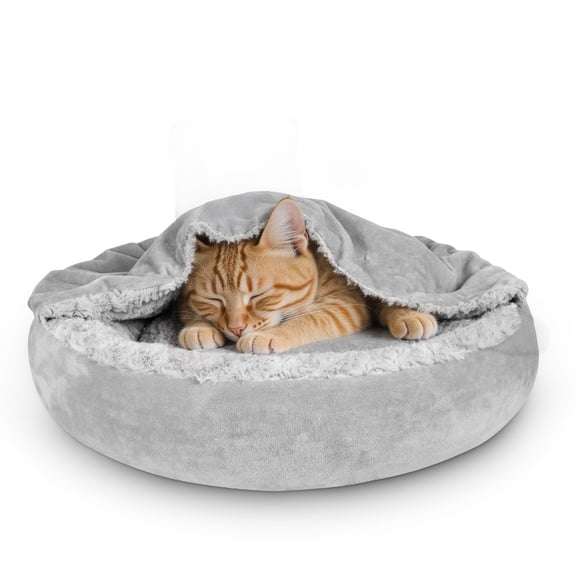 Small Dog Bed Cat Bed with Hooded Blanket, Cozy Cuddler Luxury Puppy Pet Bed, Donut Round Calming Anti-Anxiety Dog Burrow Cave Bed, Machine Washable, Anti-Slip Bottom, Gray, 23inch