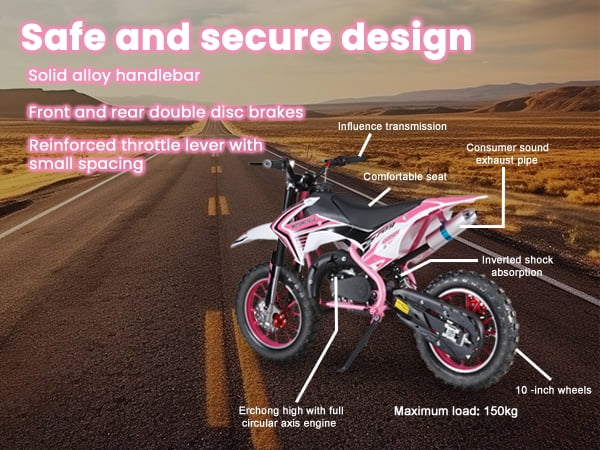 Mohsoe Kids Gas Dirt Bike 49cc 2-Stroke, 10 Inch Anti-Slip Tires with Shock Springs, Alloy Handlebars One Click Start, 30KM/H Max Speed, 25:1 Mixed Fuel, 150kg Capacity, 47 Inch